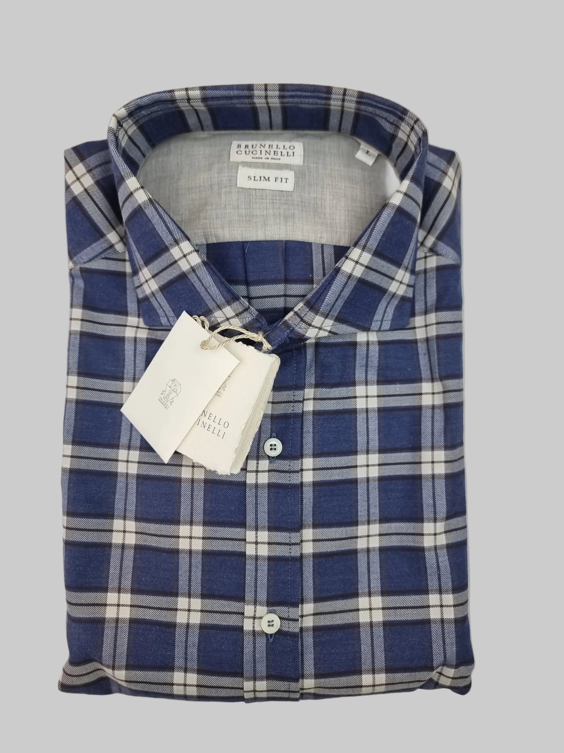 Camicia uomo Brunello Cucinelli a quadri denim e bianco - 3