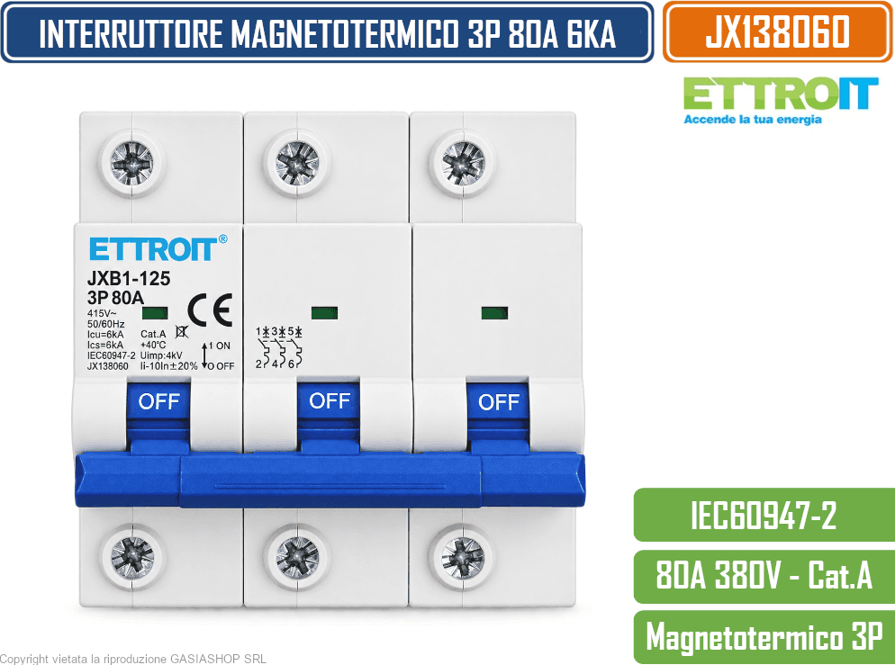ETTROIT JX138060 INTERRUTTORE MAGNETOTERMICO 3P 80A 380V 6KA 3 MODULI GUIDA DIN - 2