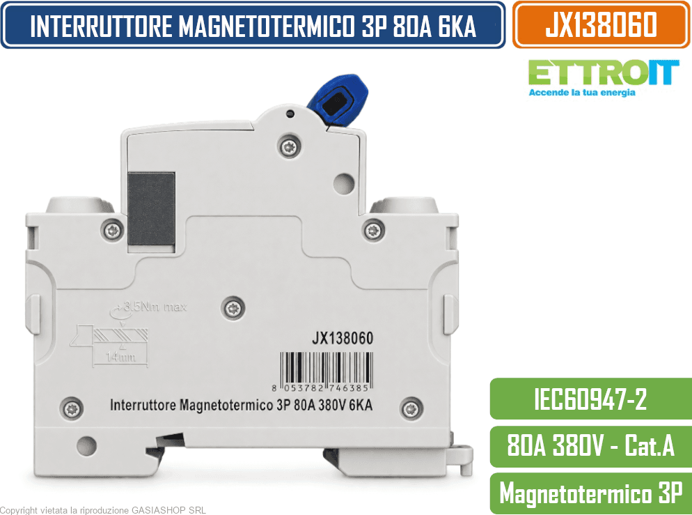 ETTROIT JX138060 INTERRUTTORE MAGNETOTERMICO 3P 80A 380V 6KA 3 MODULI GUIDA DIN - 3
