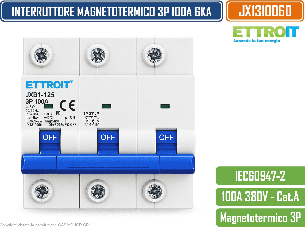 ETTROIT JX1310060 INTERRUTTORE MAGNETOTERMICO 3P 100 A 6 KA 380 V AC 3 MODULI GUIDA DIN - 2