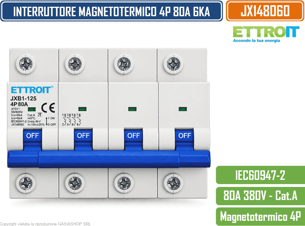 ETTROIT JX148060 INTERRUTTORE MAGNETOTERMICO 4P 80A 380V AC 6KA 4 MODULI GUIDA DIN - 2