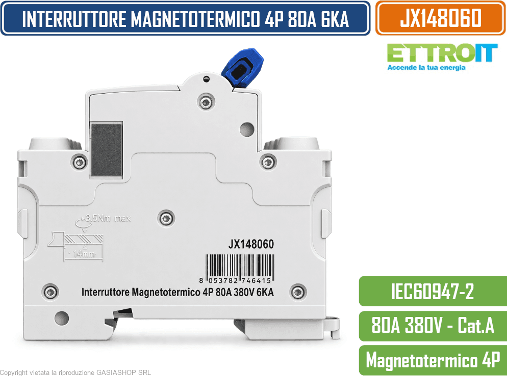 ETTROIT JX148060 INTERRUTTORE MAGNETOTERMICO 4P 80A 380V AC 6KA 4 MODULI GUIDA DIN - 3