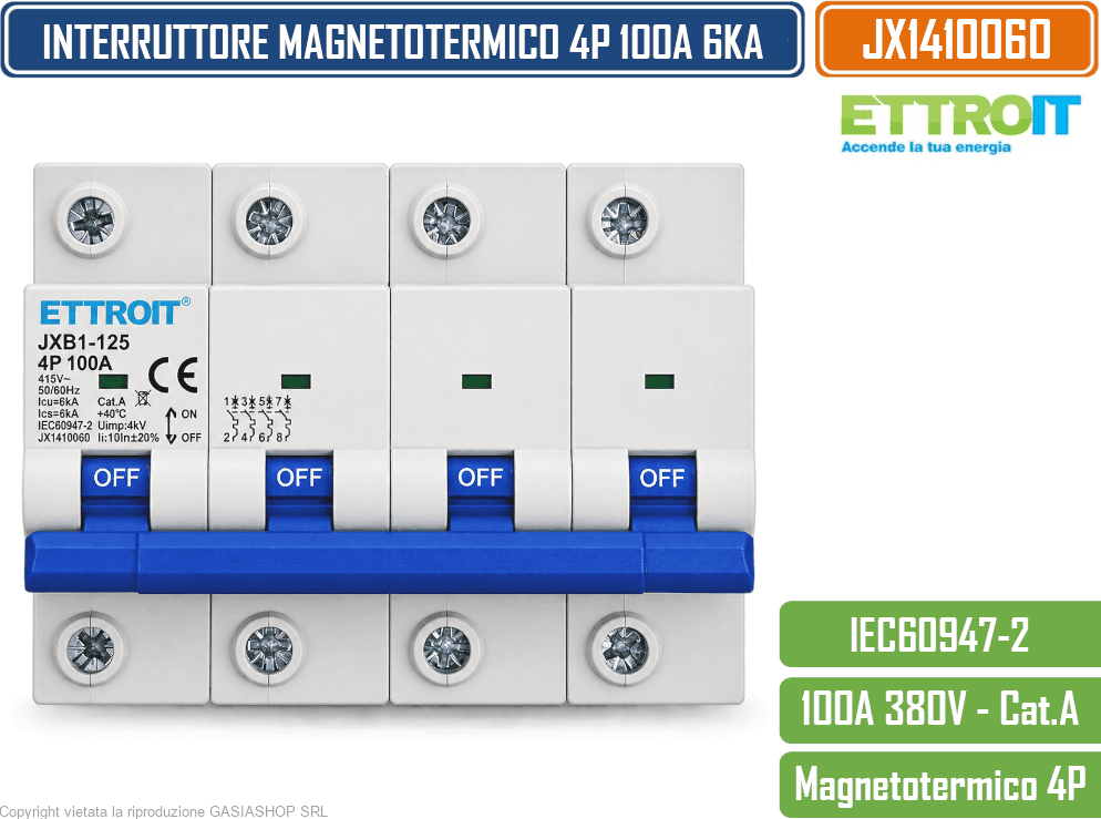 ETTROIT JX1410060 INTERRUTTORE MAGNETOTERMICO 4P 100A 380V AC 6KA 4 MODULI GUIDA DIN - 2
