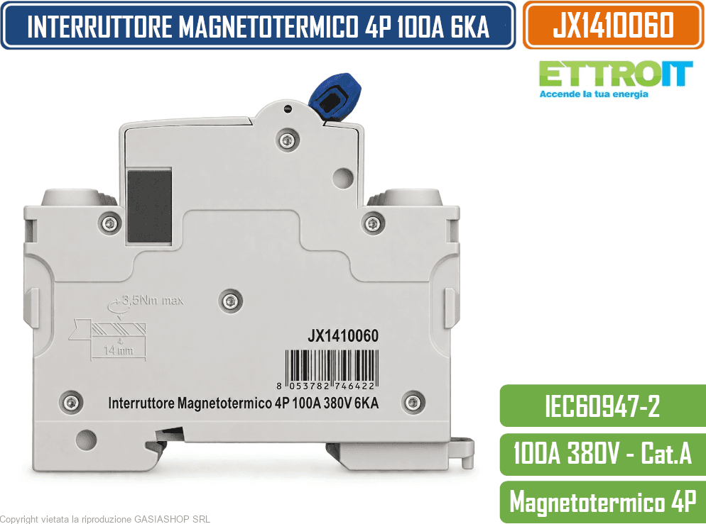 ETTROIT JX1410060 INTERRUTTORE MAGNETOTERMICO 4P 100A 380V AC 6KA 4 MODULI GUIDA DIN - 3