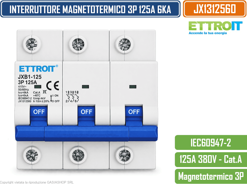 ETTROIT JX1412560 INTERRUTTORE MAGNETOTERMICO 4P 125A 380V AC 6KA 4 MODULI GUIDA DIN - 2