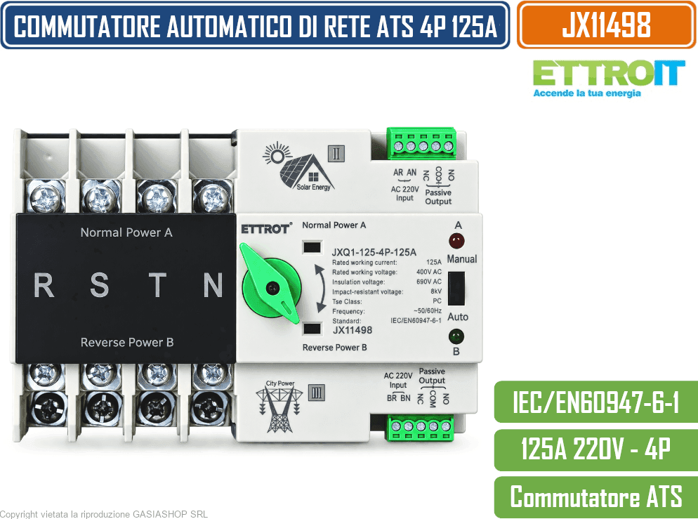 ETTROIT JX11498 INTERRUTTORE COMMUTATORE AUTOMATICO DI RETE ATS FOTOVOLTAICO 4P 125A 4 MODULI DIN - 2