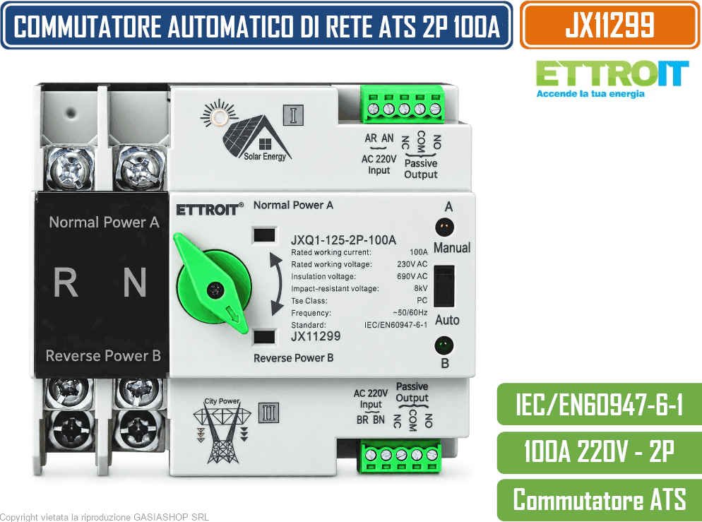 ETTROIT JX11299 INTERRUTTORE COMMUTATORE AUTOMATICO DI RETE ATS FOTOVOLTAICO 2P 100 A 4 MODULI DIN - 2