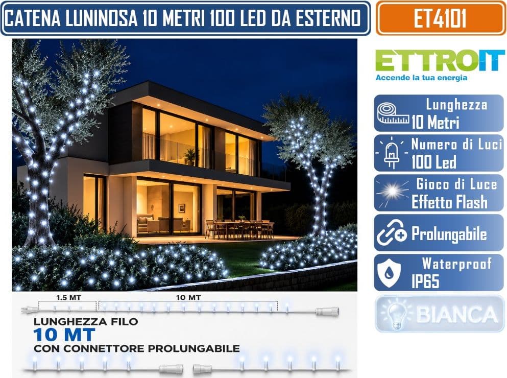 CATENA LUMINOSA NATALIZIA ETTROIT ET4101 100 LED 10 METRI LUCE BIANCA FREDDA 6500K CON EFFETTO FLASH BIANCO CAVO BIANCO PROLUNGABILE IP65 PER INTERNO ED ESTERNO - 4