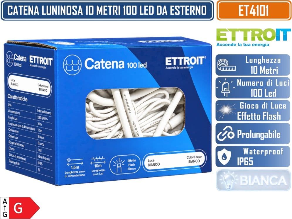 CATENA LUMINOSA NATALIZIA ETTROIT ET4101 100 LED 10 METRI LUCE BIANCA FREDDA 6500K CON EFFETTO FLASH BIANCO CAVO BIANCO PROLUNGABILE IP65 PER INTERNO ED ESTERNO - 5
