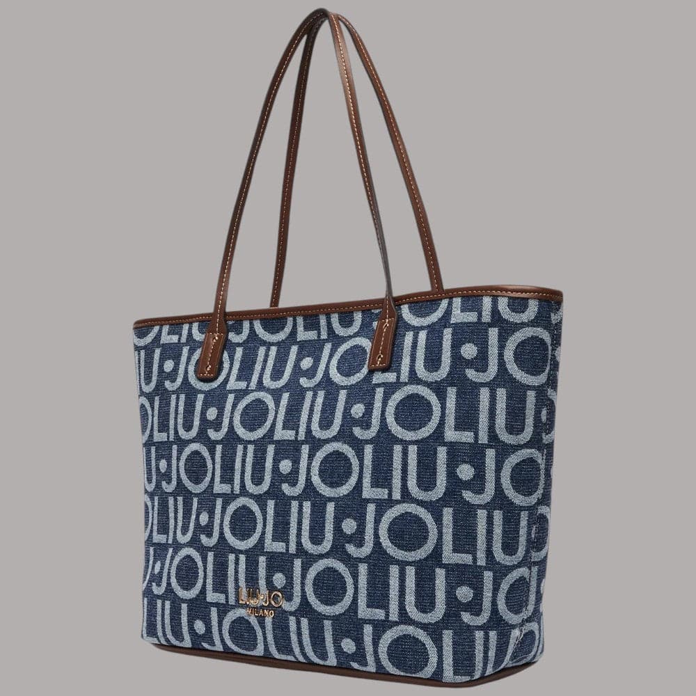 Borsa a spalla Liu Jo Evrim Tote media con logo jacquard blu denim - 3