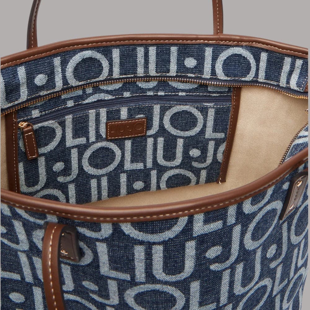 Borsa a spalla Liu Jo Evrim Tote media con logo jacquard blu denim - 4