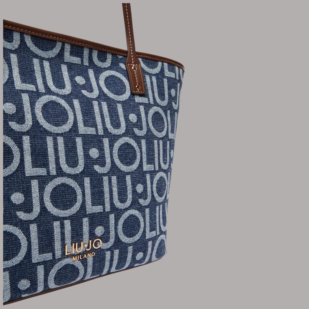 Borsa a spalla Liu Jo Evrim Tote media con logo jacquard blu denim - 5