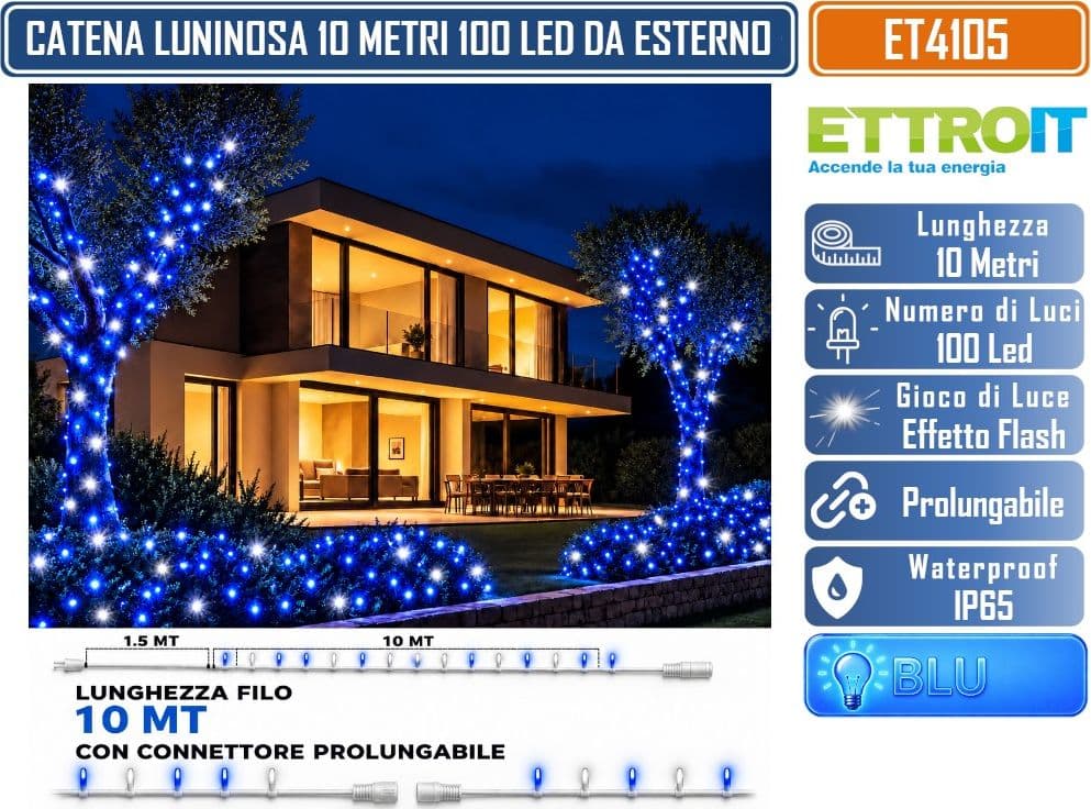 CATENA LUMINOSA NATALIZIA ETTROIT ET4105 100 LED 10 METRI LUCE BLU 10000K CON EFFETTO FLASH BIANCO CAVO BIANCO PROLUNGABILE IP65 PER INTERNO ED ESTERNO - 3