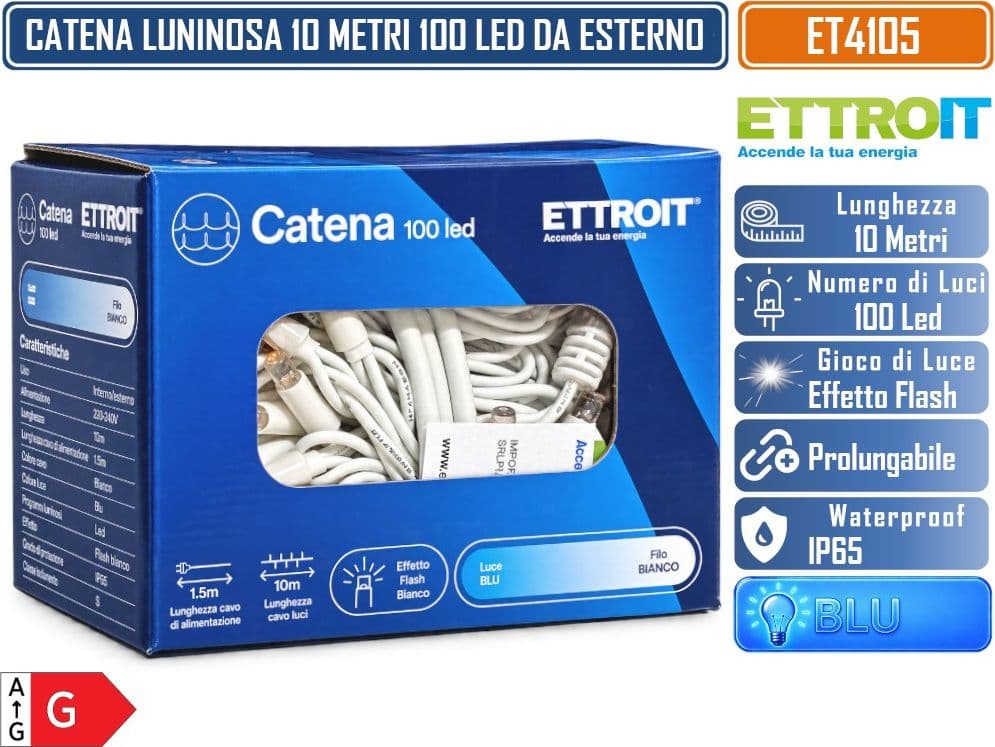CATENA LUMINOSA NATALIZIA ETTROIT ET4105 100 LED 10 METRI LUCE BLU 10000K CON EFFETTO FLASH BIANCO CAVO BIANCO PROLUNGABILE IP65 PER INTERNO ED ESTERNO - 4