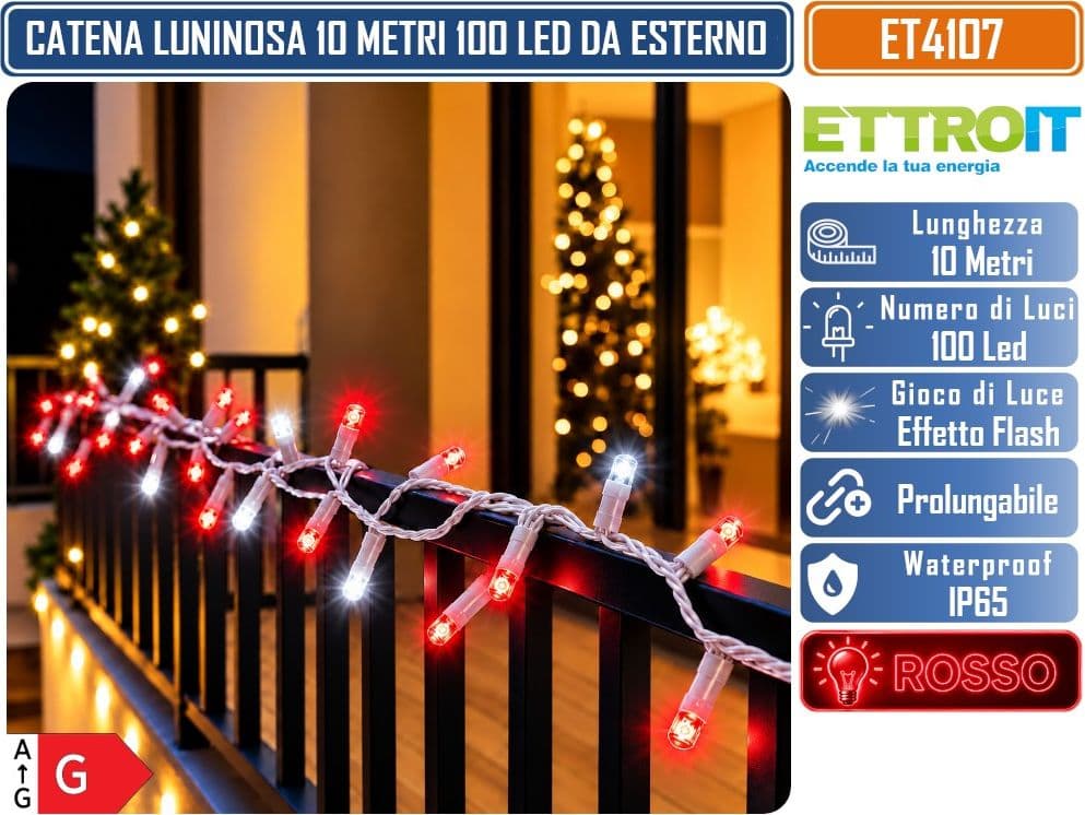 CATENA LUMINOSA NATALIZIA ETTROIT ET4107 100 LED 10 METRI LUCE ROSSA CON EFFETTO FLASH BIANCO CAVO BIANCO PROLUNGABILE IP65 PER INTERNO ED ESTERNO - 3