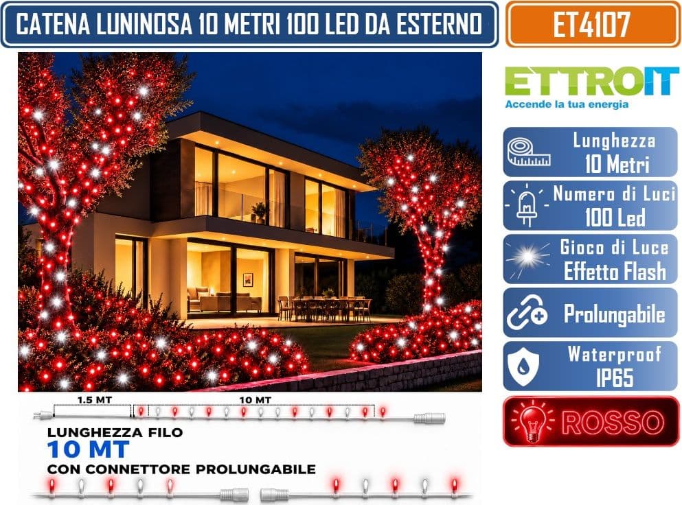 CATENA LUMINOSA NATALIZIA ETTROIT ET4107 100 LED 10 METRI LUCE ROSSA CON EFFETTO FLASH BIANCO CAVO BIANCO PROLUNGABILE IP65 PER INTERNO ED ESTERNO - 4