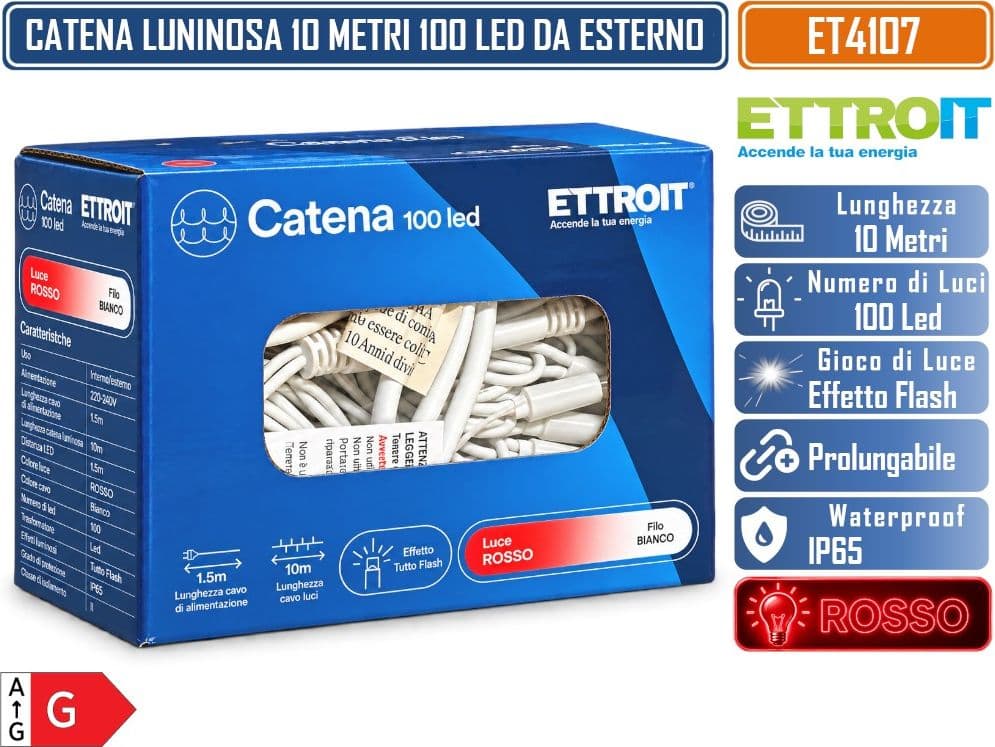 CATENA LUMINOSA NATALIZIA ETTROIT ET4107 100 LED 10 METRI LUCE ROSSA CON EFFETTO FLASH BIANCO CAVO BIANCO PROLUNGABILE IP65 PER INTERNO ED ESTERNO - 5