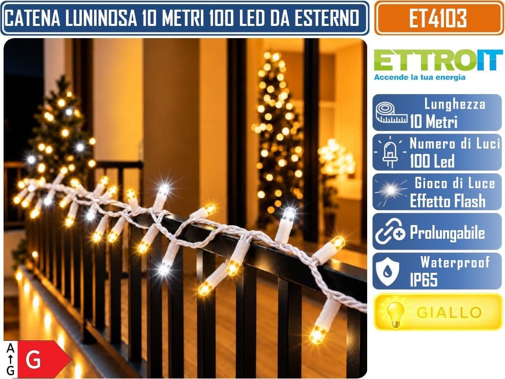 CATENA LUMINOSA NATALIZIA ETTROIT ET4103 100 LED 10 METRI LUCE GIALLA 2700°K CON EFFETTO FLASH BIANCO CAVO BIANCO PROLUNGABILE IP65 PER INTERNO ED ESTERNO - 2