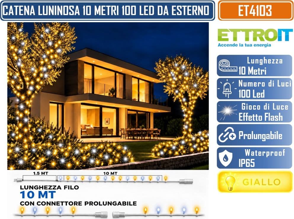 CATENA LUMINOSA NATALIZIA ETTROIT ET4103 100 LED 10 METRI LUCE GIALLA 2700°K CON EFFETTO FLASH BIANCO CAVO BIANCO PROLUNGABILE IP65 PER INTERNO ED ESTERNO - 3