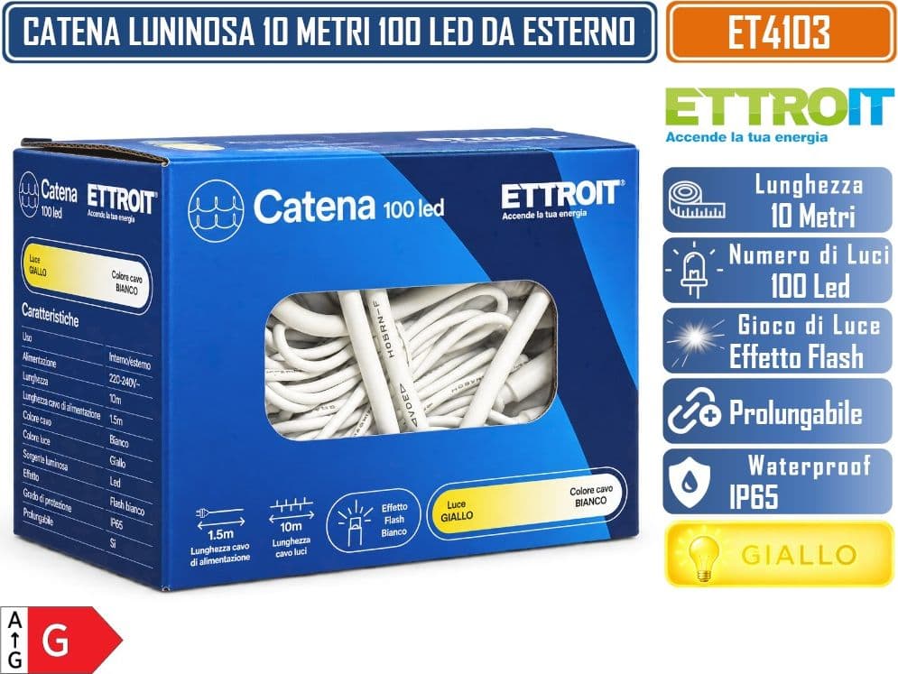 CATENA LUMINOSA NATALIZIA ETTROIT ET4103 100 LED 10 METRI LUCE GIALLA 2700°K CON EFFETTO FLASH BIANCO CAVO BIANCO PROLUNGABILE IP65 PER INTERNO ED ESTERNO - 4