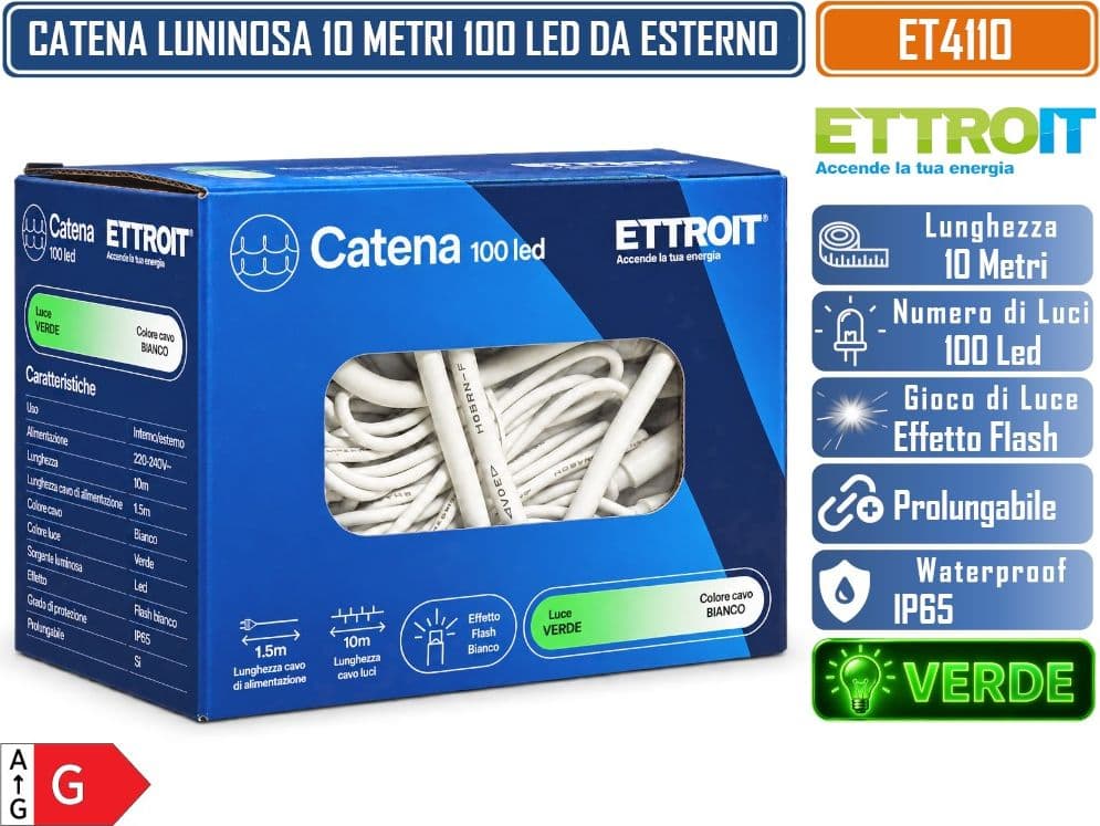 CATENA LUMINOSA NATALIZIA ETTROIT ET4110 100 LED 10 METRI LUCE VERDE CON EFFETTO FLASH BIANCO CAVO BIANCO PROLUNGABILE IP65 PER INTERNO ED ESTERNO - 4