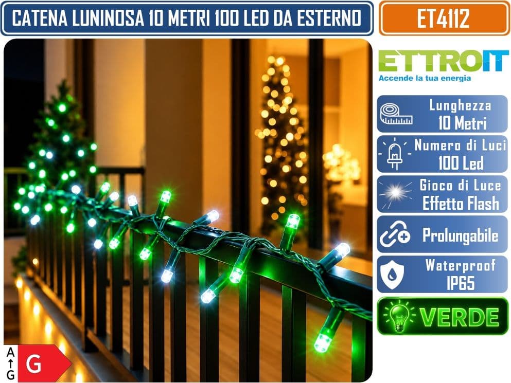 CATENA LUMINOSA NATALIZIA ETTROIT ET4112 100 LED 10 METRI LUCE VERDE CON EFFETTO FLASH BIANCO CAVO VERDE PROLUNGABILE IP65 PER INTERNO ED ESTERNO - 2