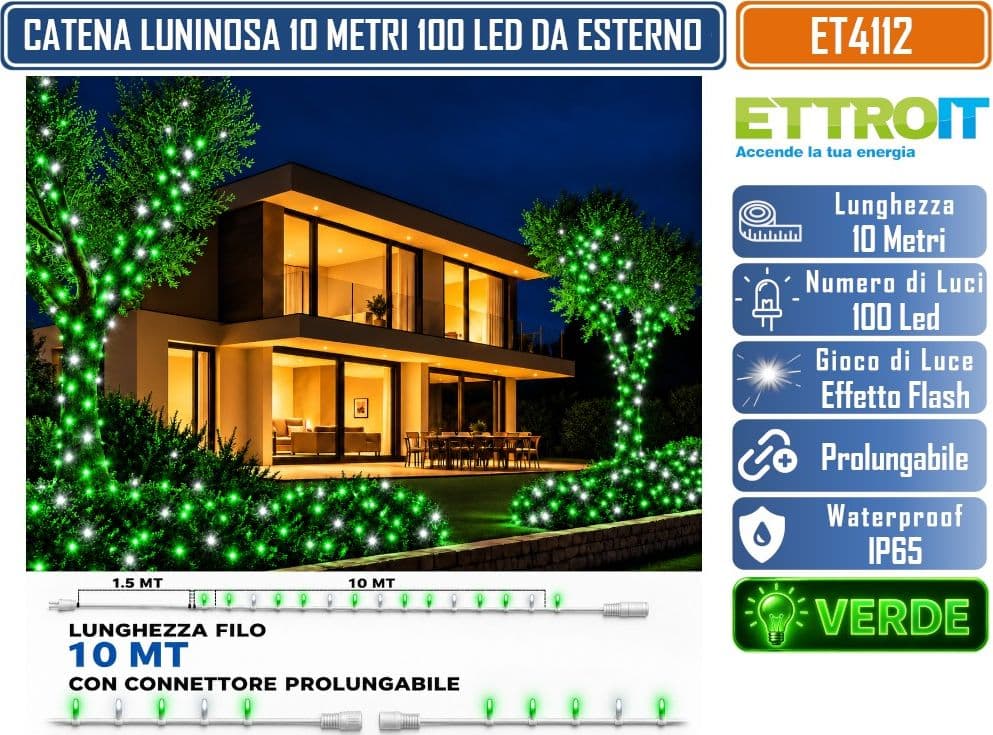 CATENA LUMINOSA NATALIZIA ETTROIT ET4112 100 LED 10 METRI LUCE VERDE CON EFFETTO FLASH BIANCO CAVO VERDE PROLUNGABILE IP65 PER INTERNO ED ESTERNO - 3
