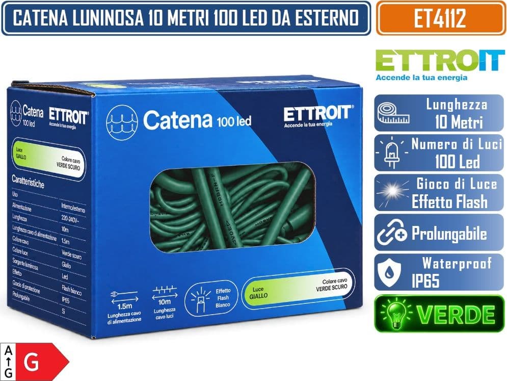CATENA LUMINOSA NATALIZIA ETTROIT ET4112 100 LED 10 METRI LUCE VERDE CON EFFETTO FLASH BIANCO CAVO VERDE PROLUNGABILE IP65 PER INTERNO ED ESTERNO - 4