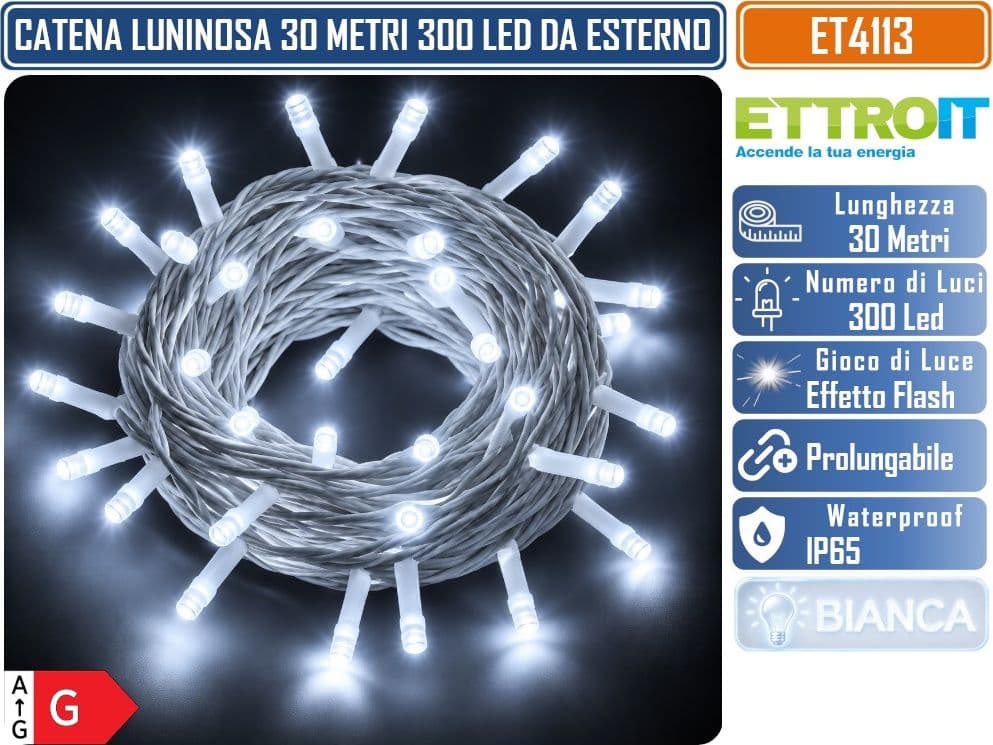 CATENA LUMINOSA NATALIZIA ETTROIT ET4113 300 LED 30 METRI LUCE BIANCA FREDDA 6500°K CON EFFETTO FLASH BIANCO CAVO BIANCO PROLUNGABILE IP65 PER INTERNO ED ESTERNO - 2