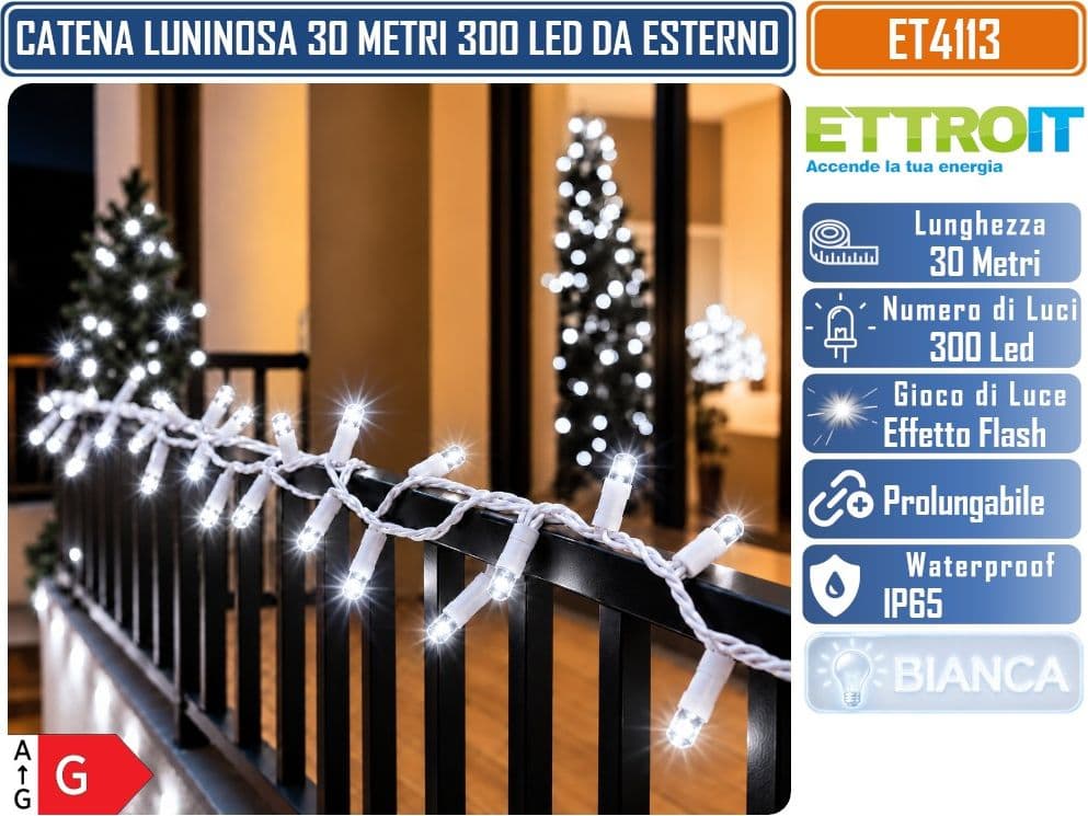 CATENA LUMINOSA NATALIZIA ETTROIT ET4113 300 LED 30 METRI LUCE BIANCA FREDDA 6500°K CON EFFETTO FLASH BIANCO CAVO BIANCO PROLUNGABILE IP65 PER INTERNO ED ESTERNO - 3
