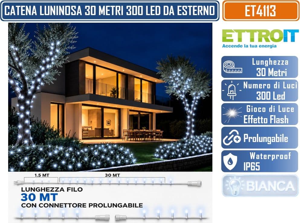 CATENA LUMINOSA NATALIZIA ETTROIT ET4113 300 LED 30 METRI LUCE BIANCA FREDDA 6500°K CON EFFETTO FLASH BIANCO CAVO BIANCO PROLUNGABILE IP65 PER INTERNO ED ESTERNO - 4