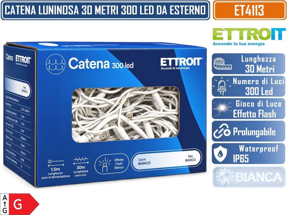 CATENA LUMINOSA NATALIZIA ETTROIT ET4113 300 LED 30 METRI LUCE BIANCA FREDDA 6500°K CON EFFETTO FLASH BIANCO CAVO BIANCO PROLUNGABILE IP65 PER INTERNO ED ESTERNO - 5