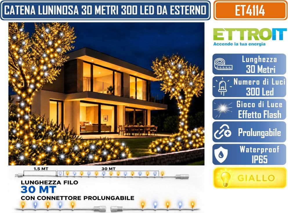 CATENA LUMINOSA NATALIZIA ETTROIT ET4114 300 LED 30 METRI LUCE GIALLA 2800°K CON EFFETTO FLASH BIANCO CAVO BIANCO PROLUNGABILE IP65 PER INTERNO ED ESTERNO - 4