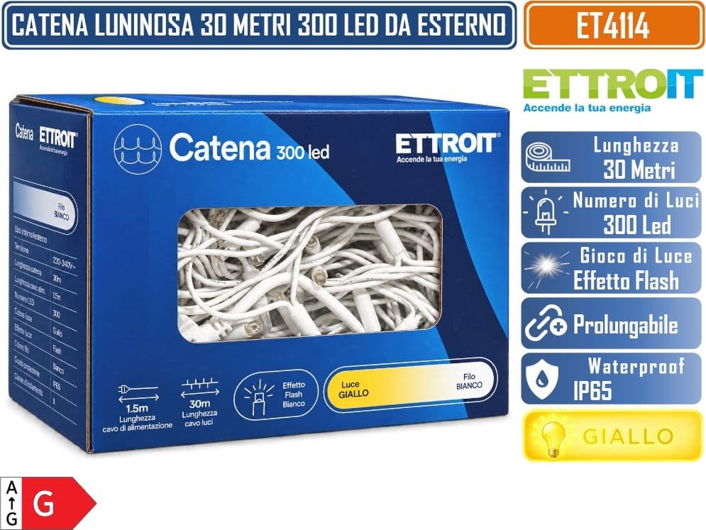 CATENA LUMINOSA NATALIZIA ETTROIT ET4114 300 LED 30 METRI LUCE GIALLA 2800°K CON EFFETTO FLASH BIANCO CAVO BIANCO PROLUNGABILE IP65 PER INTERNO ED ESTERNO - 5