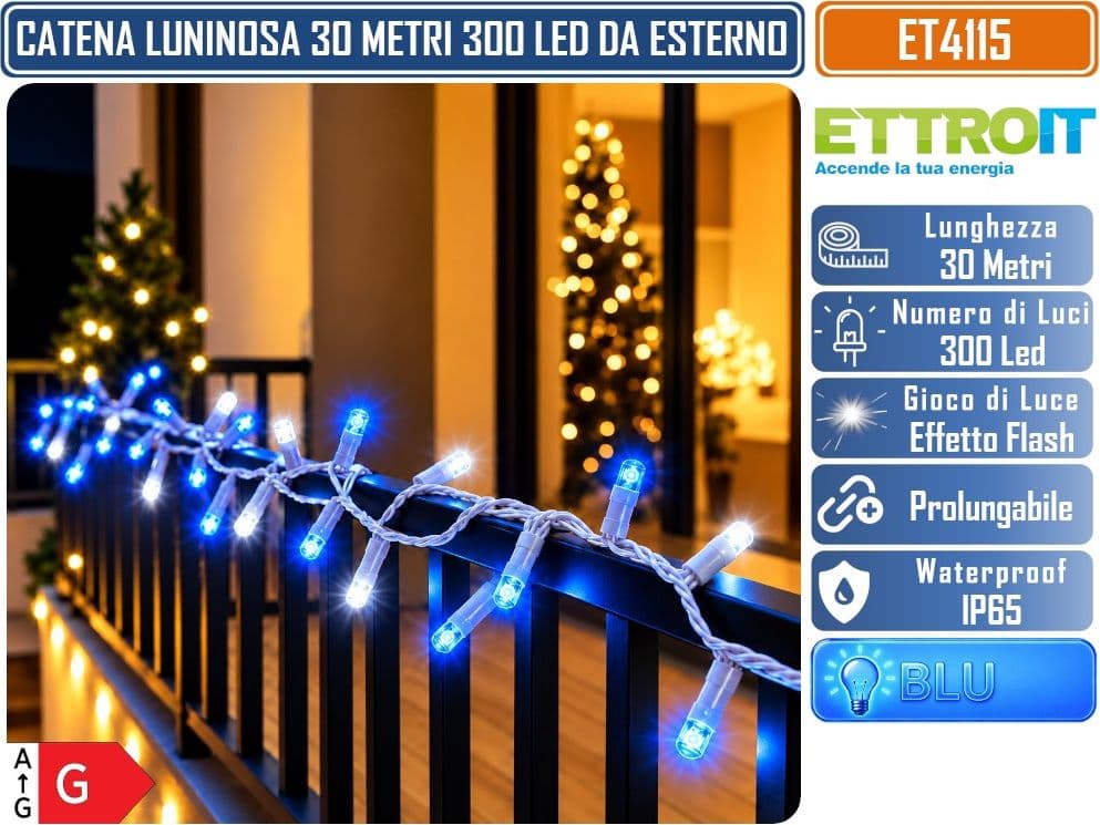 CATENA LUMINOSA NATALIZIA ETTROIT ET4115 300 LED 30 METRI LUCE BLU 10.000°K CON EFFETTO FLASH BIANCO CAVO BIANCO PROLUNGABILE IP65 PER INTERNO ED ESTERNO - 2