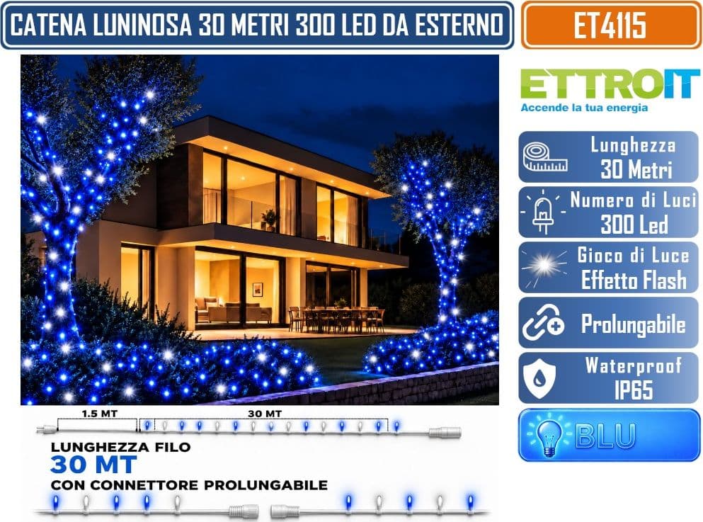 CATENA LUMINOSA NATALIZIA ETTROIT ET4115 300 LED 30 METRI LUCE BLU 10.000°K CON EFFETTO FLASH BIANCO CAVO BIANCO PROLUNGABILE IP65 PER INTERNO ED ESTERNO - 3