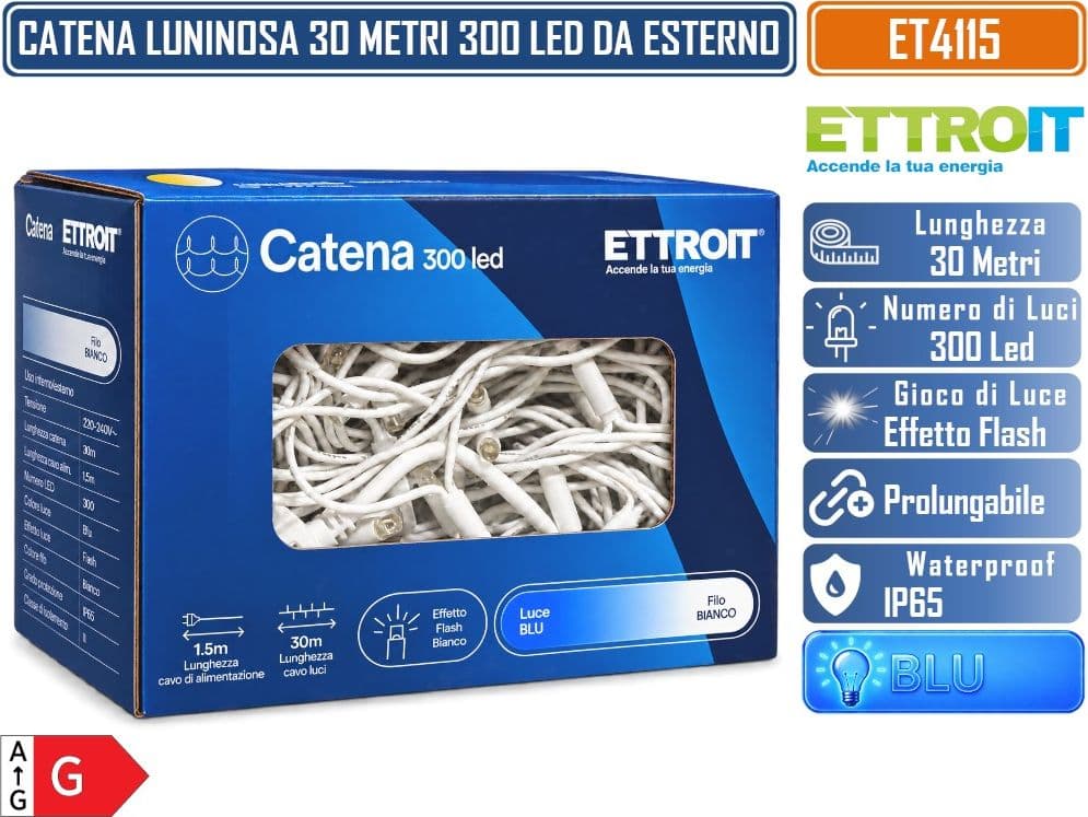 CATENA LUMINOSA NATALIZIA ETTROIT ET4115 300 LED 30 METRI LUCE BLU 10.000°K CON EFFETTO FLASH BIANCO CAVO BIANCO PROLUNGABILE IP65 PER INTERNO ED ESTERNO - 4