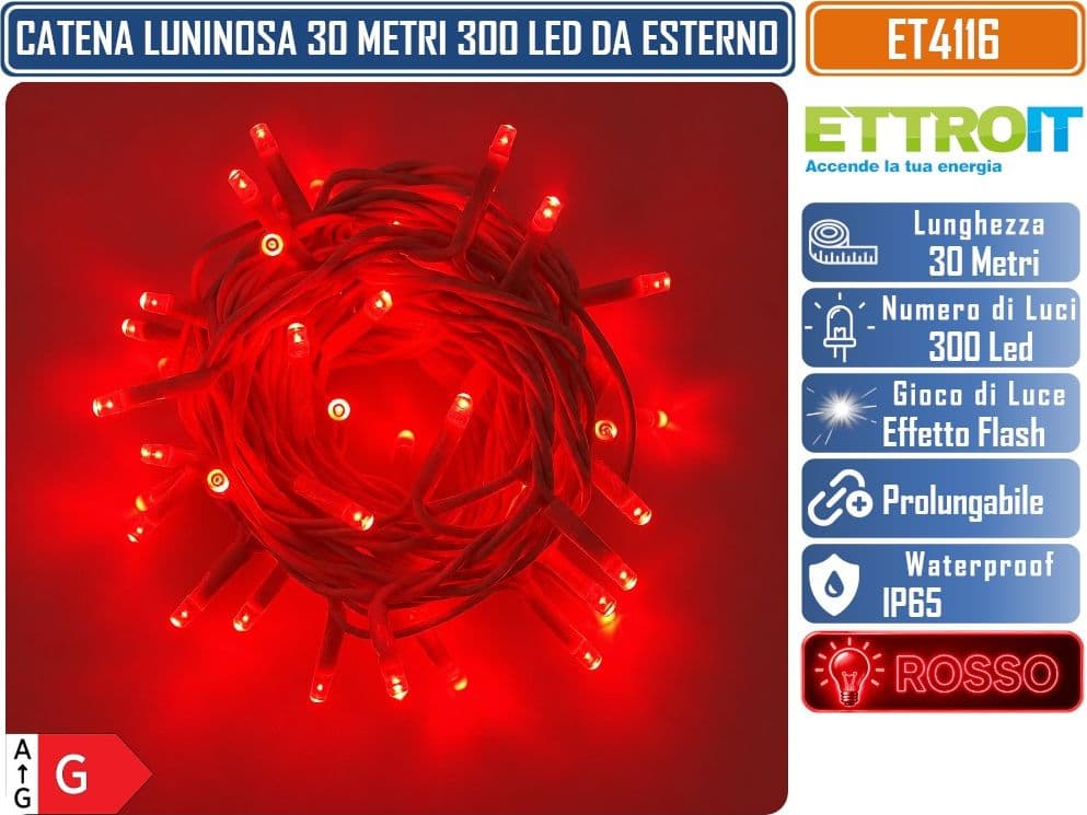 CATENA LUMINOSA NATALIZIA ETTROIT ET4116 300 LED 30 METRI LUCE ROSSA 1.000°K CON EFFETTO FLASH BIANCO CAVO BIANCO PROLUNGABILE IP65 PER INTERNO ED ESTERNO - 2