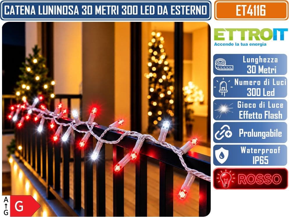 CATENA LUMINOSA NATALIZIA ETTROIT ET4116 300 LED 30 METRI LUCE ROSSA 1.000°K CON EFFETTO FLASH BIANCO CAVO BIANCO PROLUNGABILE IP65 PER INTERNO ED ESTERNO - 3