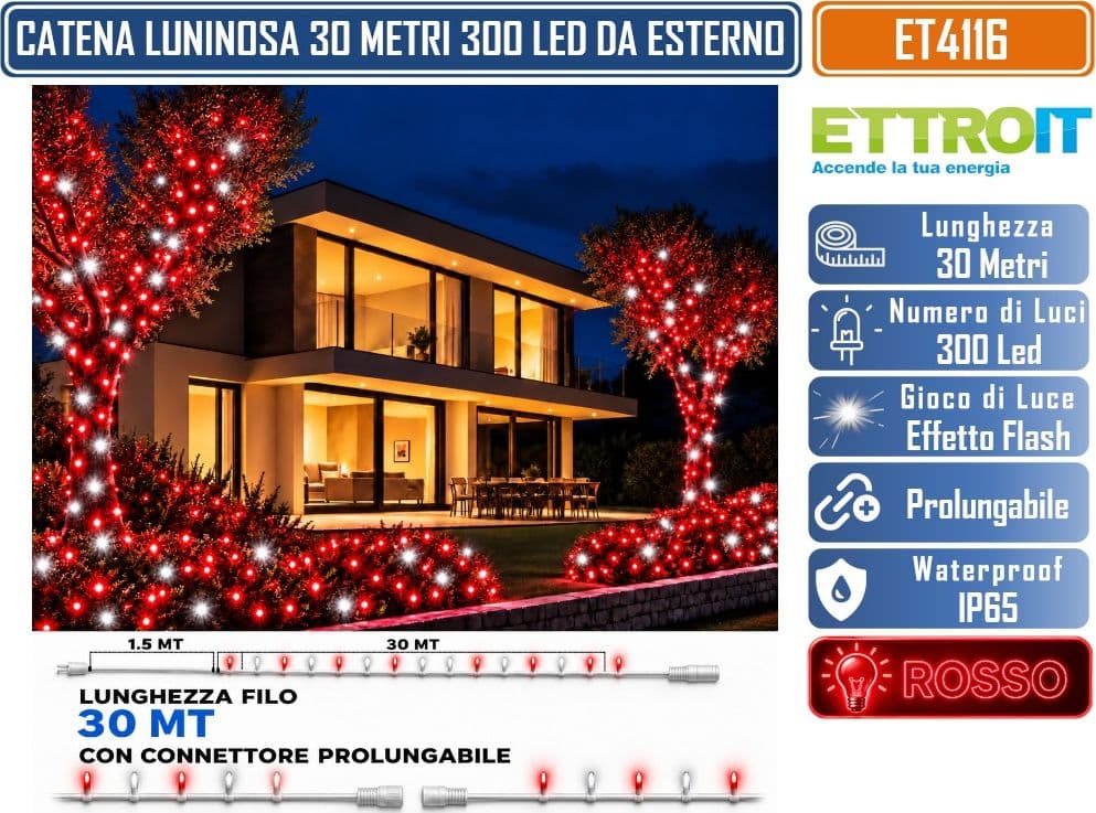 CATENA LUMINOSA NATALIZIA ETTROIT ET4116 300 LED 30 METRI LUCE ROSSA 1.000°K CON EFFETTO FLASH BIANCO CAVO BIANCO PROLUNGABILE IP65 PER INTERNO ED ESTERNO - 4