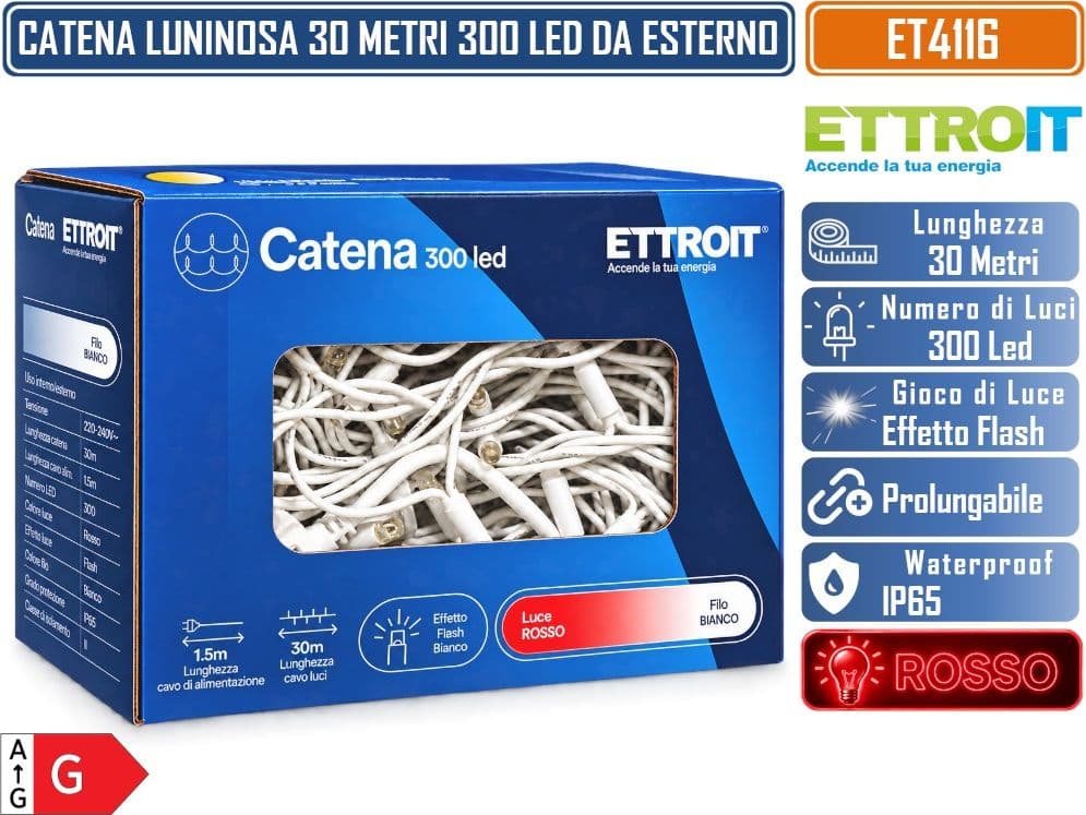 CATENA LUMINOSA NATALIZIA ETTROIT ET4116 300 LED 30 METRI LUCE ROSSA 1.000°K CON EFFETTO FLASH BIANCO CAVO BIANCO PROLUNGABILE IP65 PER INTERNO ED ESTERNO - 5