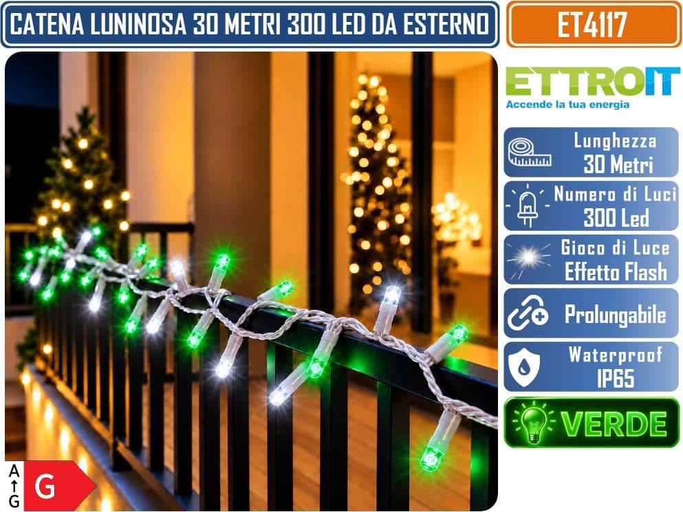 CATENA LUMINOSA NATALIZIA ETTROIT ET4117 300 LED 30 METRI LUCE VERDE 5.700°K CON EFFETTO FLASH BIANCO CAVO BIANCO PROLUNGABILE IP65 PER INTERNO ED ESTERNO - 2