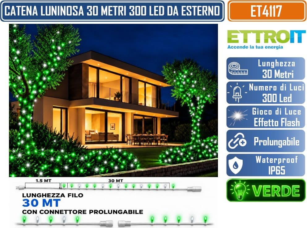 CATENA LUMINOSA NATALIZIA ETTROIT ET4117 300 LED 30 METRI LUCE VERDE 5.700°K CON EFFETTO FLASH BIANCO CAVO BIANCO PROLUNGABILE IP65 PER INTERNO ED ESTERNO - 3
