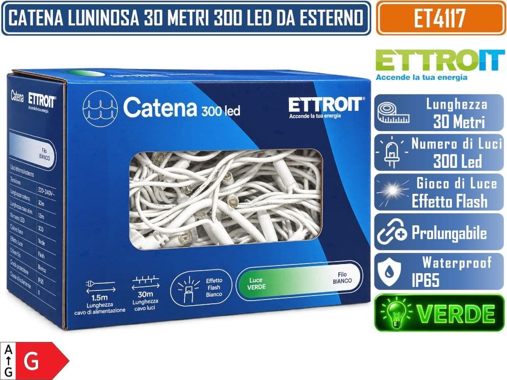 CATENA LUMINOSA NATALIZIA ETTROIT ET4117 300 LED 30 METRI LUCE VERDE 5.700°K CON EFFETTO FLASH BIANCO CAVO BIANCO PROLUNGABILE IP65 PER INTERNO ED ESTERNO - 4