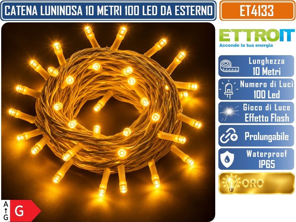 CATENA LUMINOSA NATALIZIA ETTROIT ET4133 100 LED 10 METRI LUCE ORO CON EFFETTO FLASH TOTALE CAVO BIANCO PROLUNGABILE IP65 PER INTERNO ED ESTERNO - 2