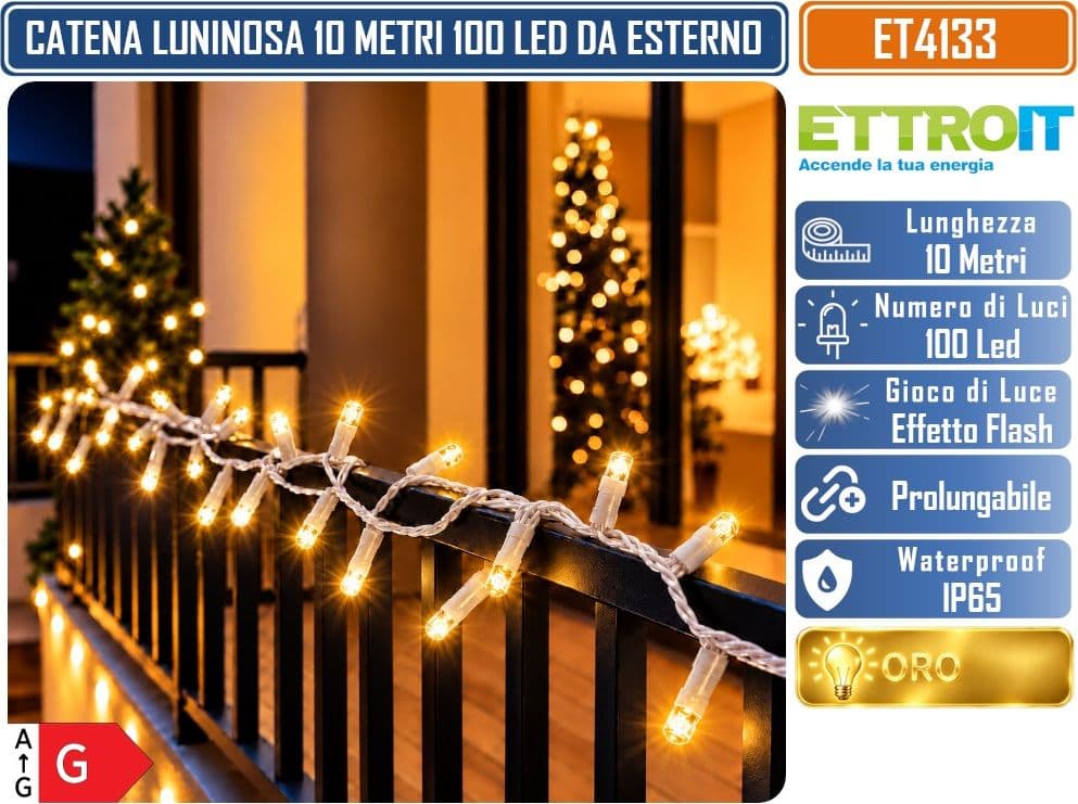 CATENA LUMINOSA NATALIZIA ETTROIT ET4133 100 LED 10 METRI LUCE ORO CON EFFETTO FLASH TOTALE CAVO BIANCO PROLUNGABILE IP65 PER INTERNO ED ESTERNO - 3