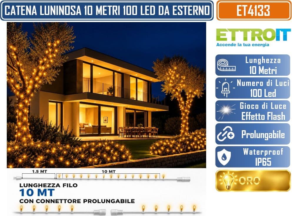CATENA LUMINOSA NATALIZIA ETTROIT ET4133 100 LED 10 METRI LUCE ORO CON EFFETTO FLASH TOTALE CAVO BIANCO PROLUNGABILE IP65 PER INTERNO ED ESTERNO - 4