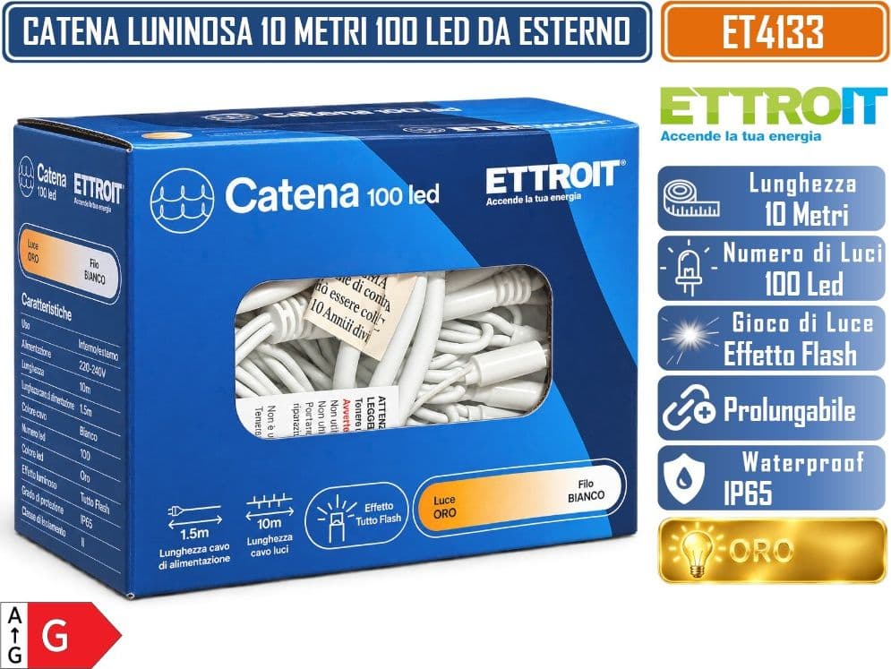 CATENA LUMINOSA NATALIZIA ETTROIT ET4133 100 LED 10 METRI LUCE ORO CON EFFETTO FLASH TOTALE CAVO BIANCO PROLUNGABILE IP65 PER INTERNO ED ESTERNO - 5