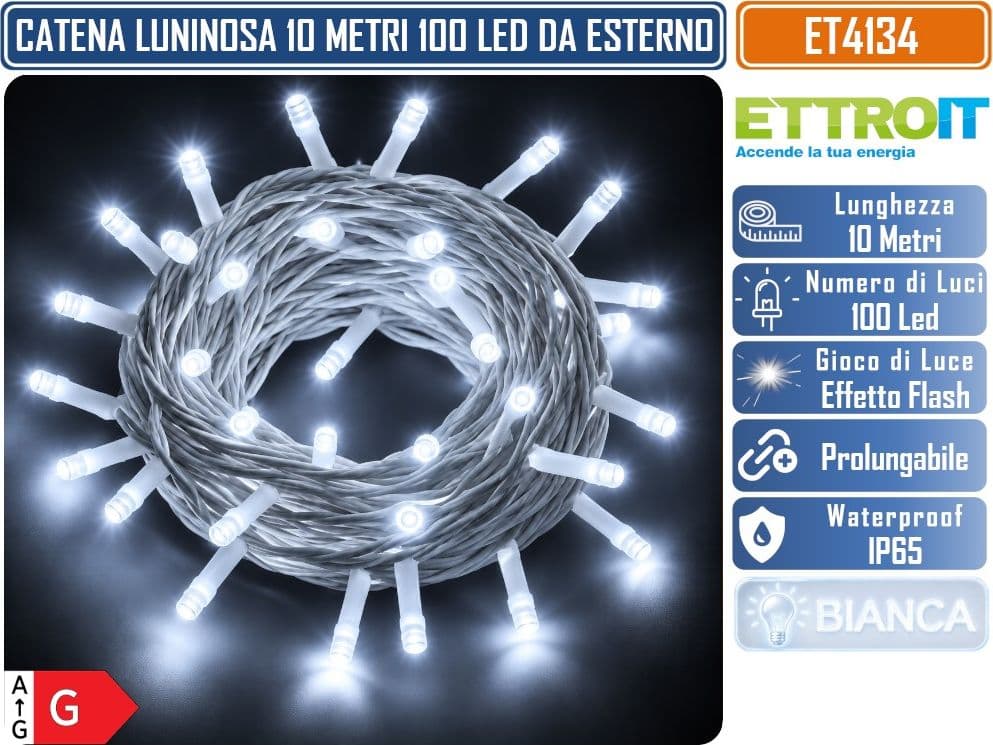 CATENA LUMINOSA NATALIZIA ETTROIT ET4134 100 LED 10 METRI LUCE BIANCA FREDDA 6500°K CON EFFETTO FLASH TOTALE CAVO BIANCO PROLUNGABILE IP65 PER INTERNO ED ESTERNO - 2
