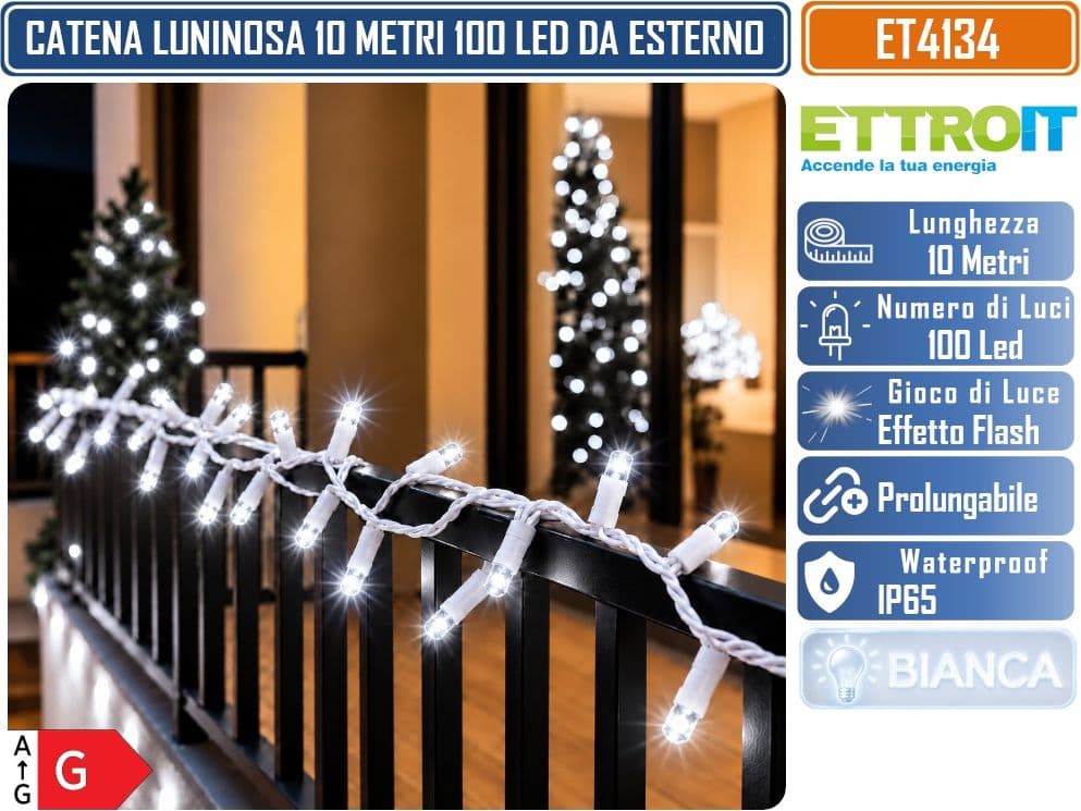 CATENA LUMINOSA NATALIZIA ETTROIT ET4134 100 LED 10 METRI LUCE BIANCA FREDDA 6500°K CON EFFETTO FLASH TOTALE CAVO BIANCO PROLUNGABILE IP65 PER INTERNO ED ESTERNO - 3